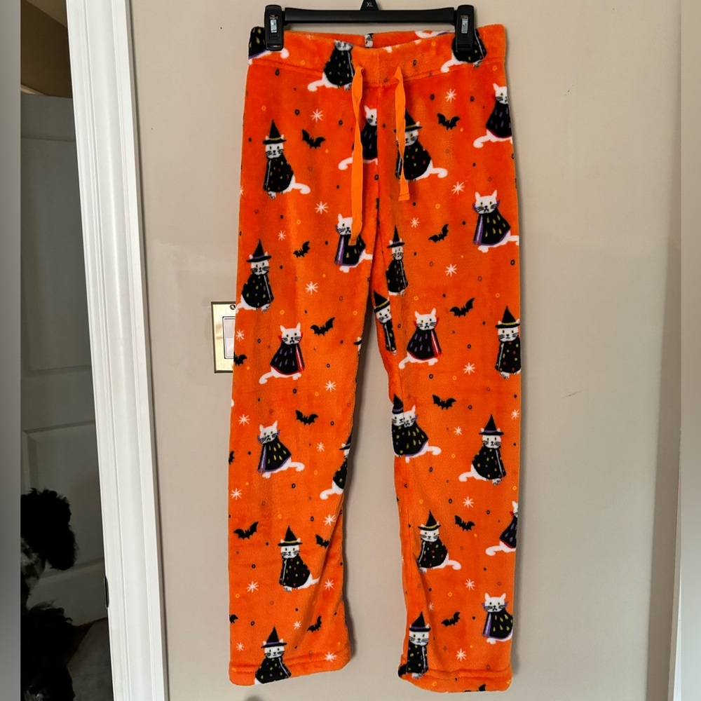 Kids Halloween Cat Fleece Pajama Pants - Orange